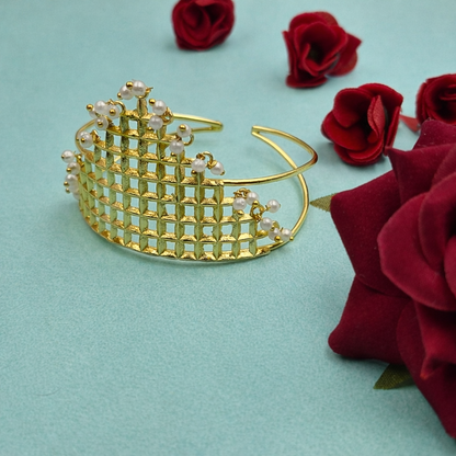 Statement Gold Cuff Bracelet Pearl Accents | Designer Lattice Open Bangle CUF11-GLD
