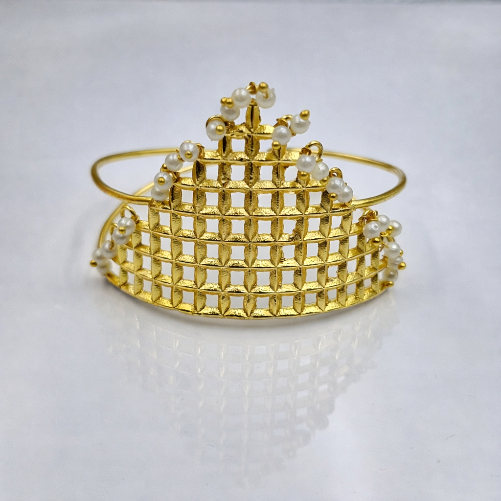 Statement Gold Cuff Bracelet Pearl Accents | Designer Lattice Open Bangle CUF11-GLD