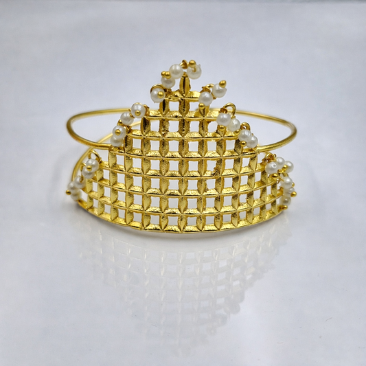 Statement Gold Cuff Bracelet Pearl Accents | Designer Lattice Open Bangle CUF11-GLD