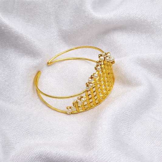 Statement Gold Cuff Bracelet Pearl Accents | Designer Lattice Open Bangle CUF11-GLD