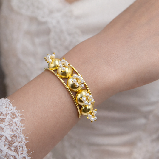 Elegant Gold Beaded Cuff Bracelet | Designer Floral Cluster Statement Bangle CUF13-GLD