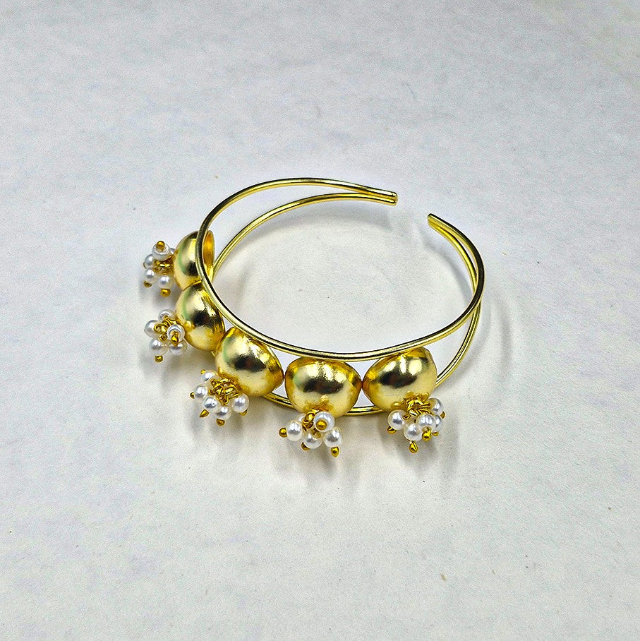Elegant Gold Beaded Cuff Bracelet | Designer Floral Cluster Statement Bangle CUF13-GLD