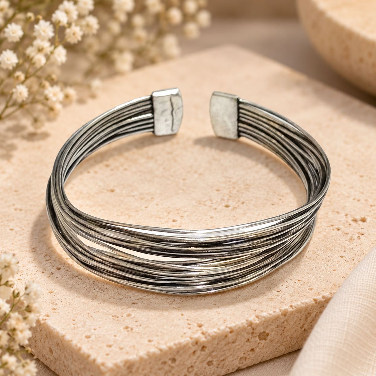 Layered Silver Tone Cuff Bracelet Minimalist Boho Stackable Jewelry CUF20-SLV-PLN
