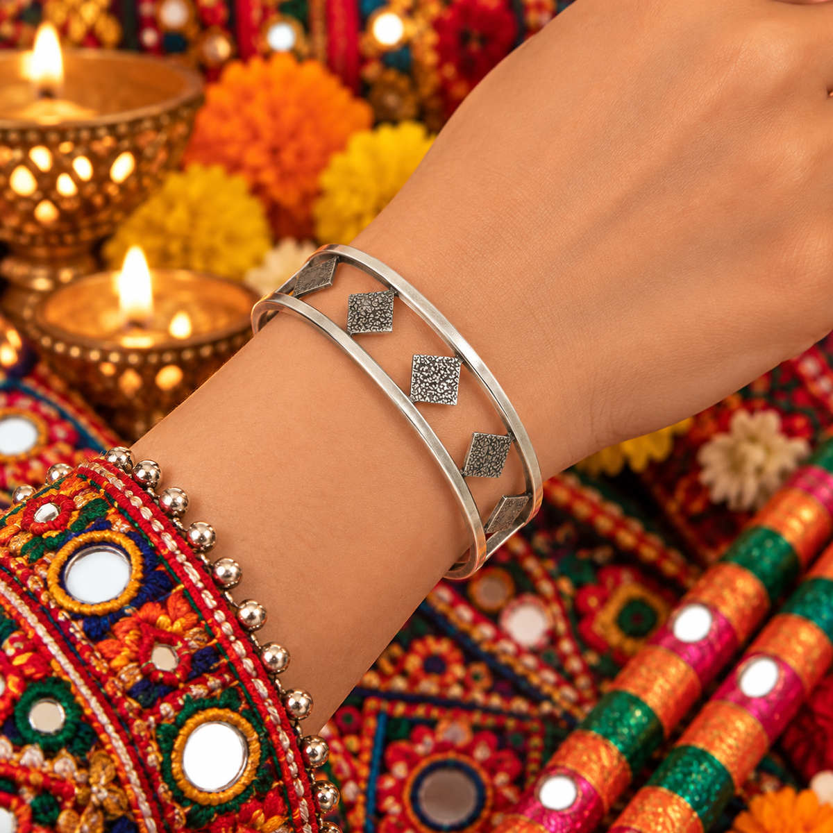 Silver Oxidized Textured Square Design Open Bracelet Garba Jewelry CUF21-SLV-PLN