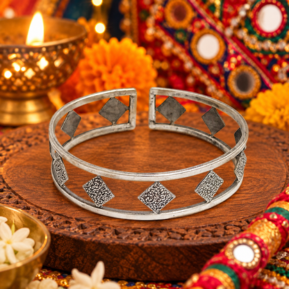 Silver Oxidized Textured Square Design Open Bracelet Garba Jewelry CUF21-SLV-PLN