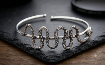 Oxidized Silver Plated Snake Cuff Bracelet, Halloween Jewelry Hippy CUF22-SLV-PLN
