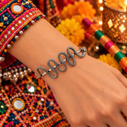 Oxidized Silver Plated Snake Cuff Bracelet, Halloween Jewelry Hippy CUF22-SLV-PLN