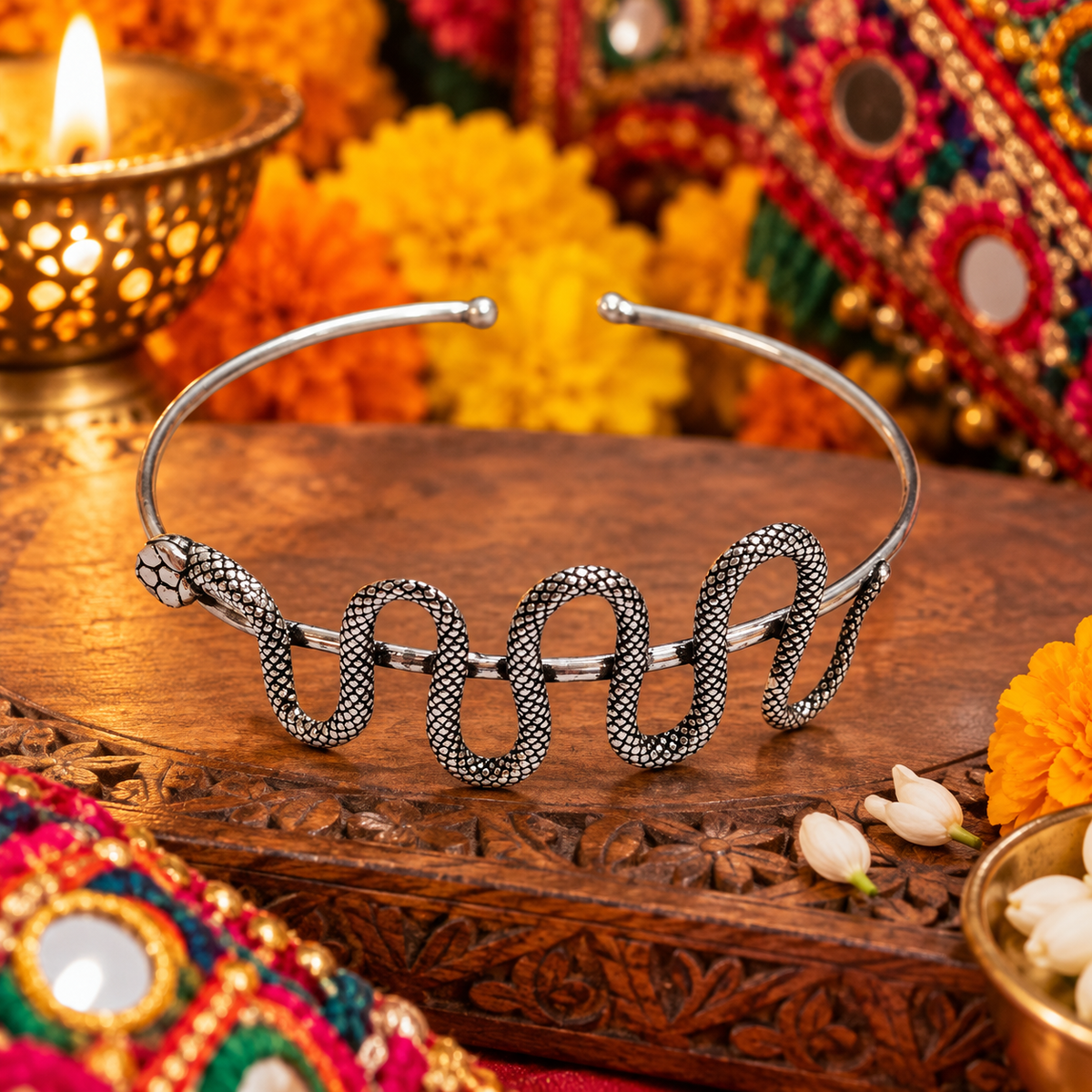 Oxidized Silver Plated Snake Cuff Bracelet, Halloween Jewelry Hippy CUF22-SLV-PLN