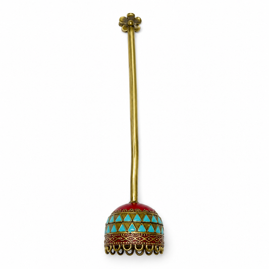Antique Brass Meenakari Hand Bell Turquoise Red Temple Pooja Ghanti DBL02-BRS-EN