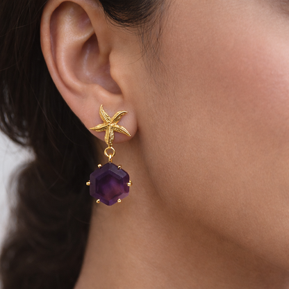 Star Fish Hexagon Gold Drop Earrings