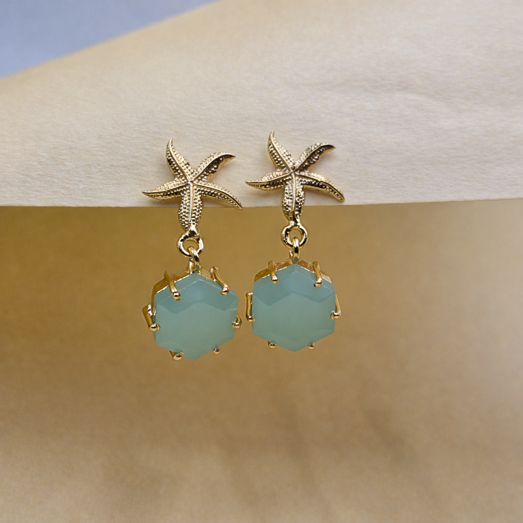 Star Fish Hexagon Gold Drop Earrings