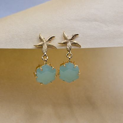 Star Fish Hexagon Gold Drop Earrings