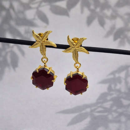 Star Fish Hexagon Gold Drop Earrings
