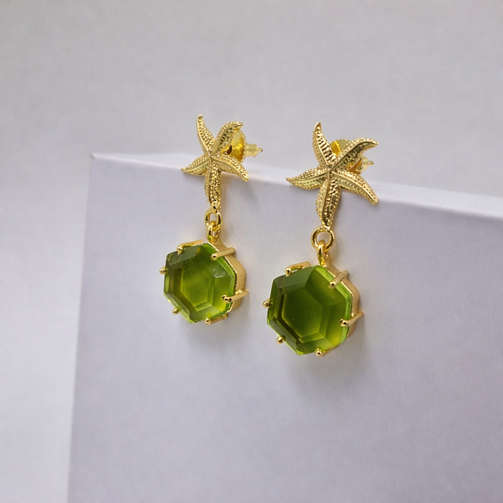 Star Fish Hexagon Gold Drop Earrings
