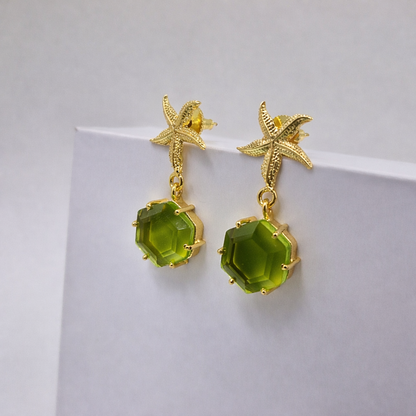 Star Fish Hexagon Gold Drop Earrings