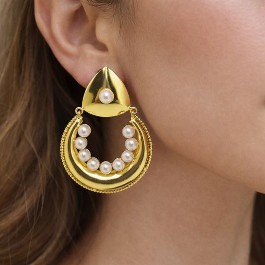 Classic Pearl Gold Chand Bali Earrings Bridal Wear Studs