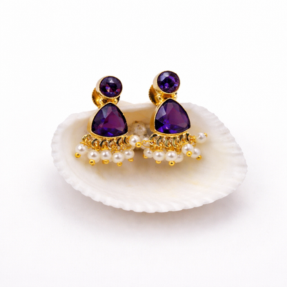 Two Stone Minimal Earrings with Gajra Boho Chic Jewelry