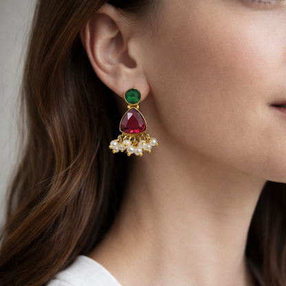 Two Stone Minimal Earrings with Gajra Boho Chic Jewelry