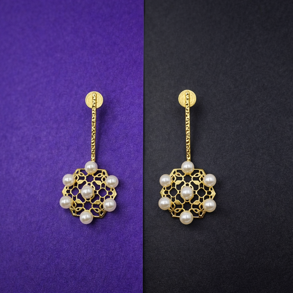 Plain Pearl Gold Plated Hexagon Filigree Earrings