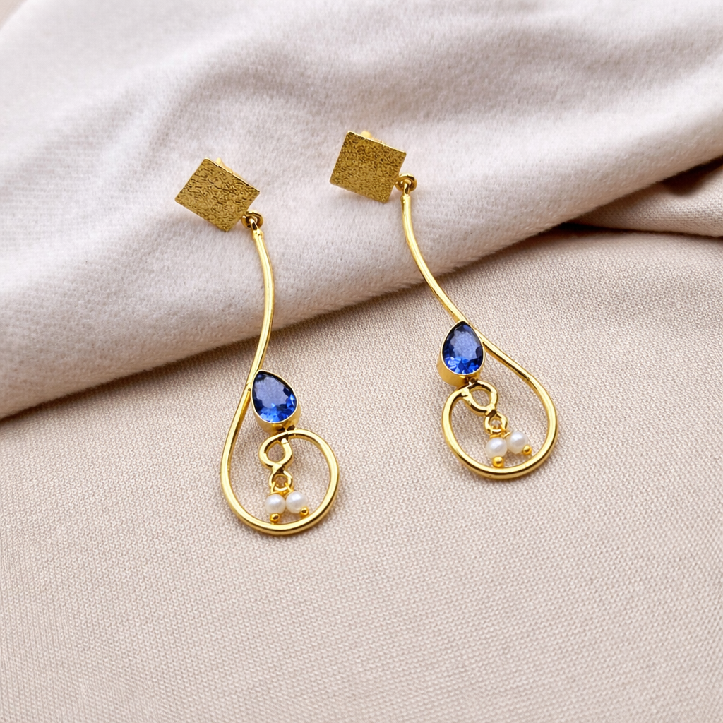 Gold Geometric Dangle Earrings with Pearl Accent for Women DR31-GLD
