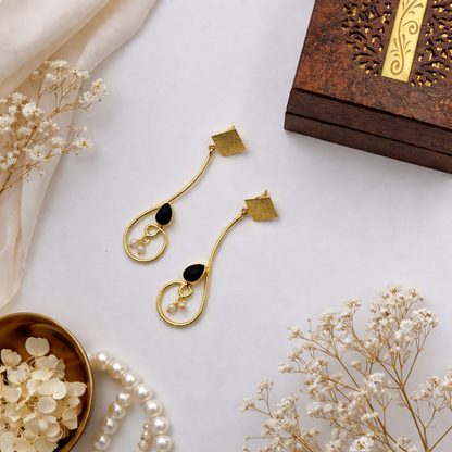 Gold Geometric Dangle Earrings with Pearl Accent for Women DR31-GLD