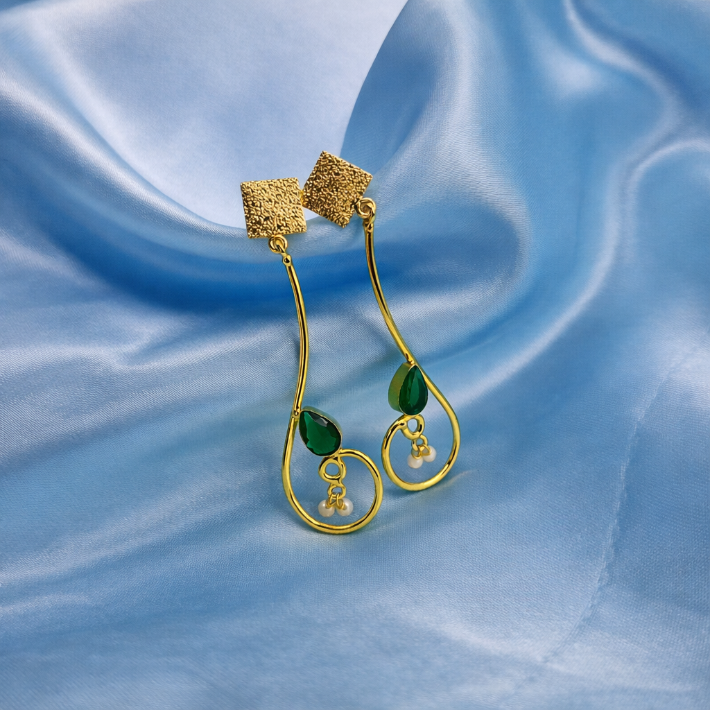 Gold Geometric Dangle Earrings with Pearl Accent for Women DR31-GLD