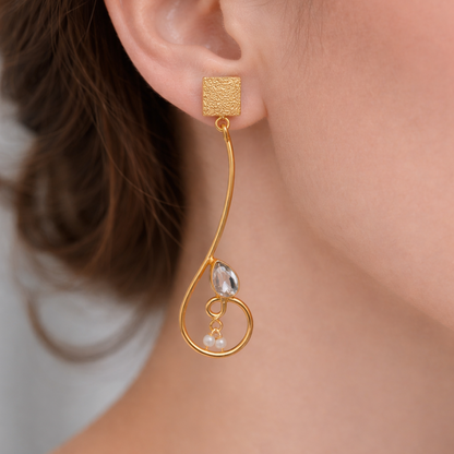 Gold Geometric Dangle Earrings with Pearl Accent for Women DR31-GLD