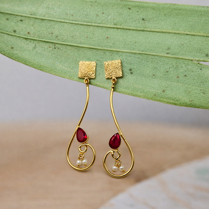 Gold Geometric Dangle Earrings with Pearl Accent for Women DR31-GLD