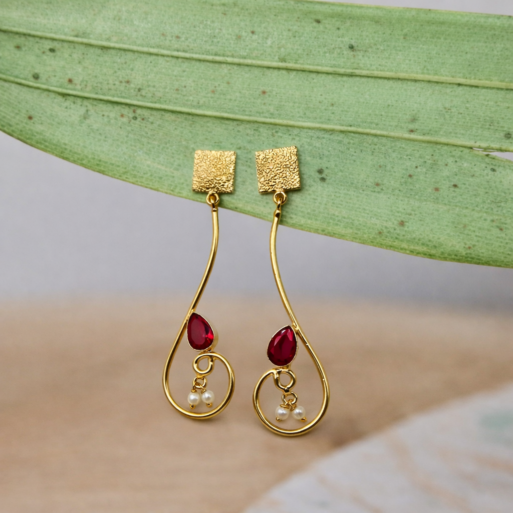 Gold Geometric Dangle Earrings with Pearl Accent for Women DR31-GLD