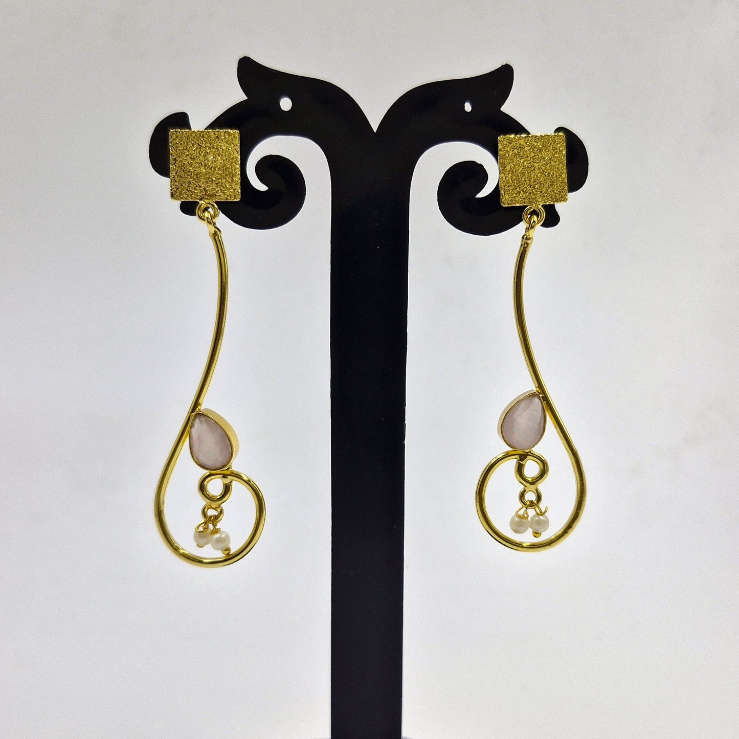 Gold Geometric Dangle Earrings with Pearl Accent for Women DR31-GLD