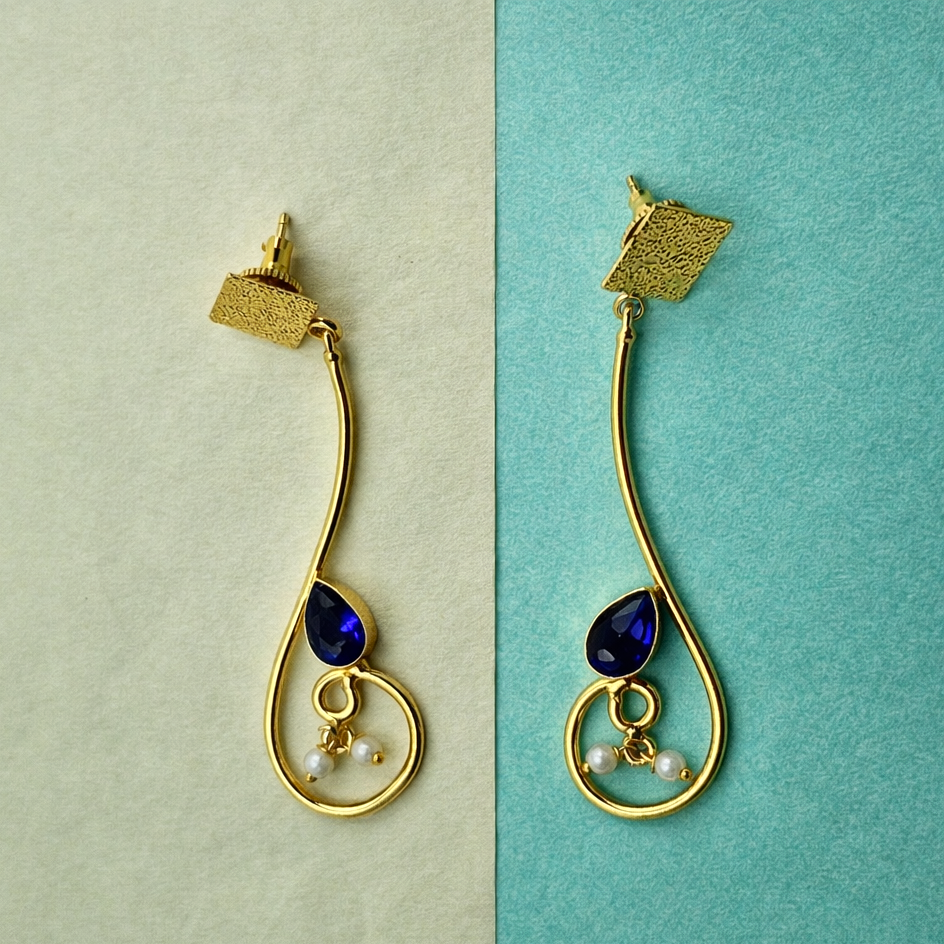 Gold Geometric Dangle Earrings with Pearl Accent for Women DR31-GLD