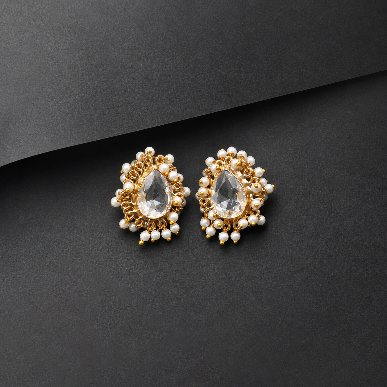 Gold Plated Pearl Cluster Teardrop Stud Earrings for Women DR38-GLD