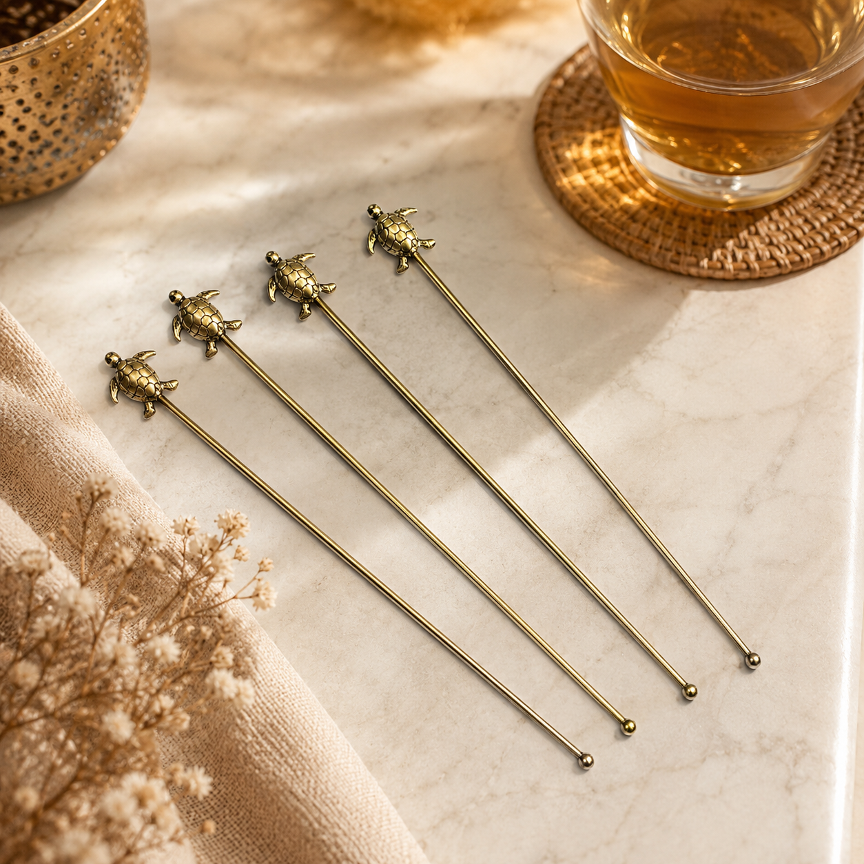 Turtle Cocktail Set of 4 Stirrer Reusable Bar Drink Picks Wedding Deco DST02-BRS-PLN