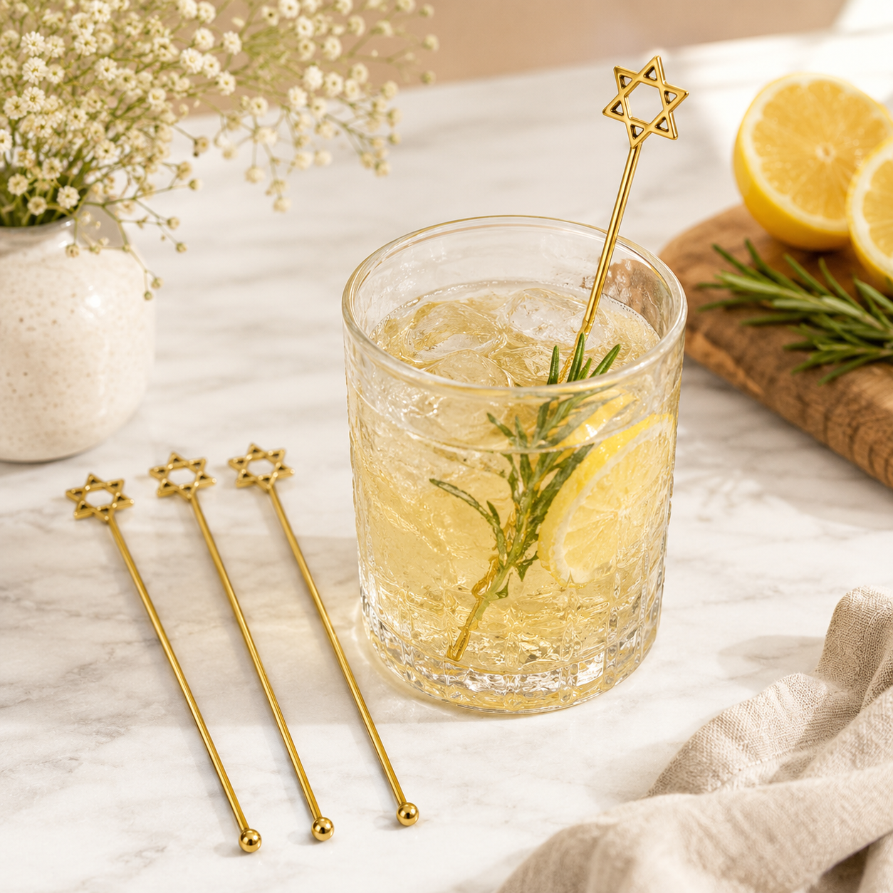 Gold Star of David Cocktail Stirrer Picks Set of 4 Barware Decor Gift DST03-BRS-PLN