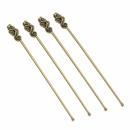 Gold Seahorse Cocktail Stirrer Picks Set of 4 Nautical Barware Decor Gift DST04-BRS-PLN