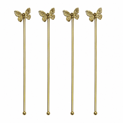 Gold Butterfly Cocktail Stirrer Picks Set of 4 Decorative Drink Barware DST06-BRS-PLN