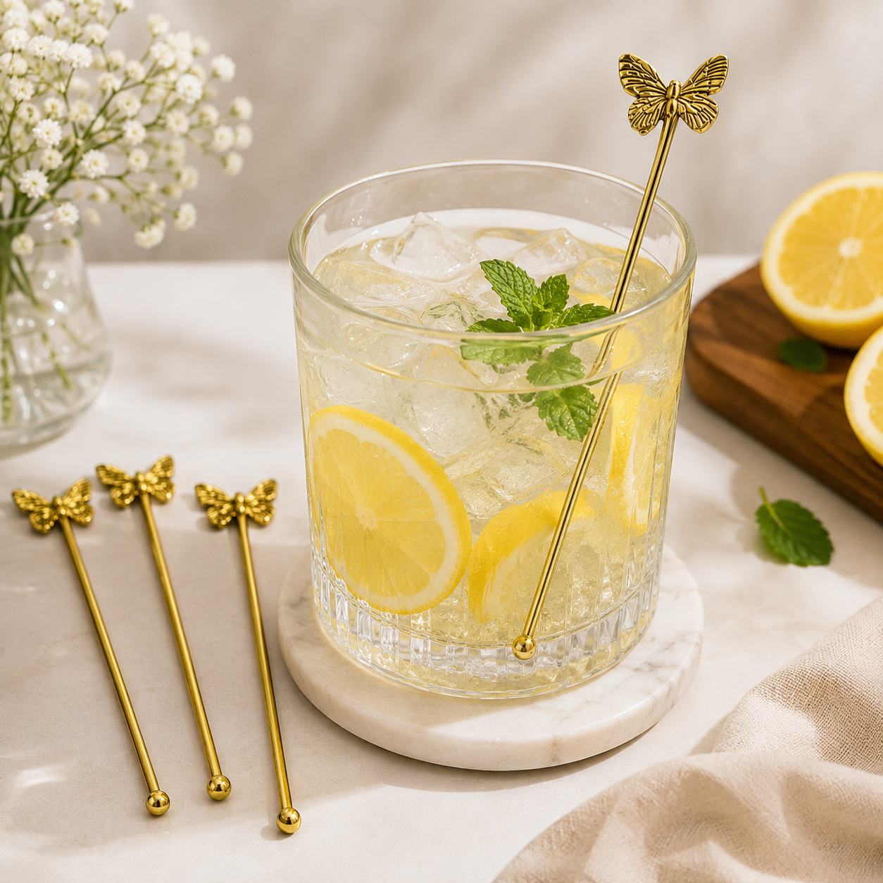 Gold Butterfly Cocktail Stirrer Picks Set of 4 Decorative Drink Barware DST06-BRS-PLN
