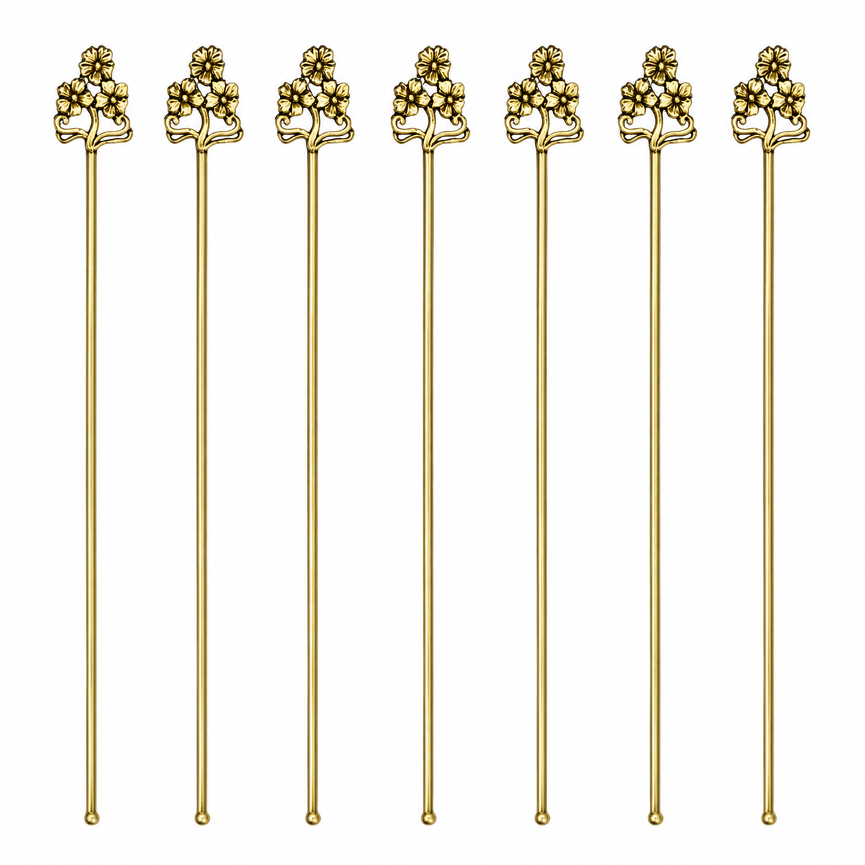 Floral Gold Finish Decorative Cocktail Stirrer Set of Seven DST11-BRS-PLN
