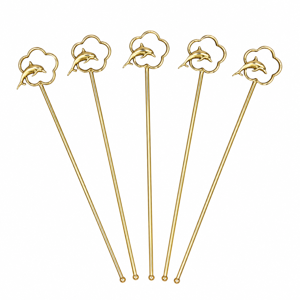 Gold Dolphin Cocktail Stirrer Set, Ocean Theme Drink Mixing Picks, Barware DST13-BRS-PLN