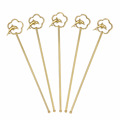 Gold Dolphin Cocktail Stirrer Set, Ocean Theme Drink Mixing Picks, Barware DST13-BRS-PLN