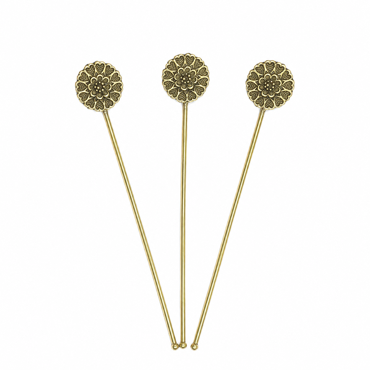 Decorative Round Floral Cocktail Stirrers Brass Finish Set of 3 DST14-BRS-PLN