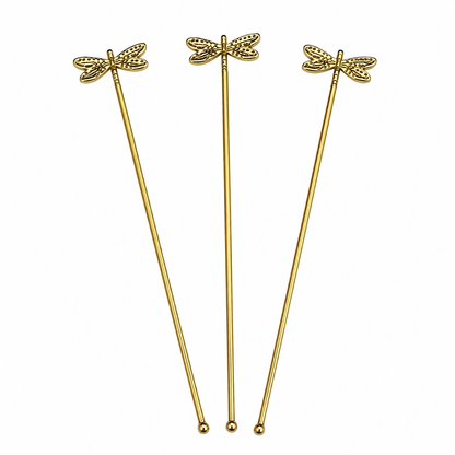 Gold Dragonfly Drink Stirrers Set of 3 Decorative Cocktail Swizzle DST16-BRS-PLN
