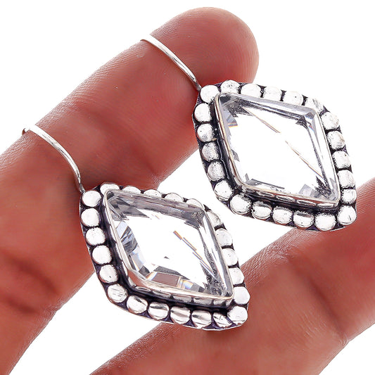 Simulated White Topaz Quartz Gemstone Handmade Kite Shape Earring 1 EAR-4117