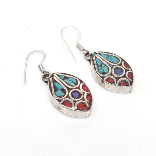 Turquoise & Coral Earrings Marquise Shape Tibetan Silver Hook Earring 1.5" EAR-10025