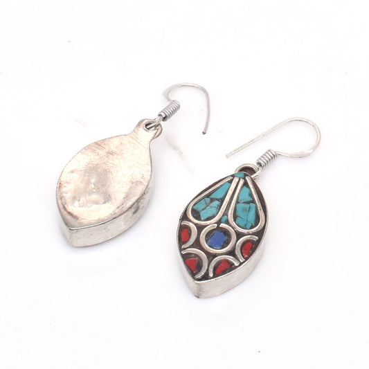 Turquoise & Coral Earrings Marquise Shape Tibetan Silver Hook Earring 1.5" EAR-10025