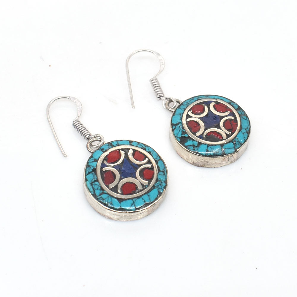 Round Shape Earrings Turquoise & Coral Tibetan Silver Women's Earring 1.5" EAR-10026