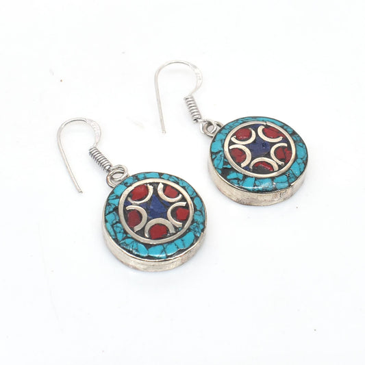 Round Shape Earrings Turquoise & Coral Tibetan Silver Women's Earring 1.5" EAR-10026