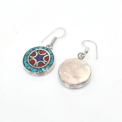 Round Shape Earrings Turquoise & Coral Tibetan Silver Women's Earring 1.5" EAR-10026