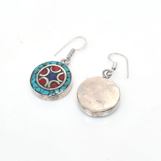 Round Shape Earrings Turquoise & Coral Tibetan Silver Women's Earring 1.5" EAR-10026