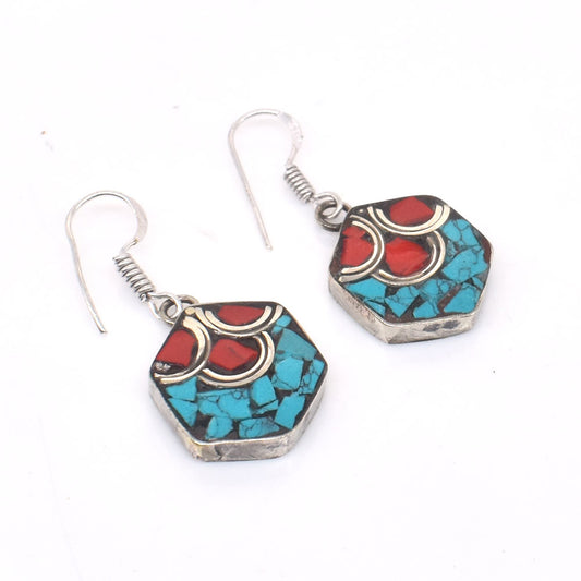 Coral & Turquoise Earrings Fashionable Tibetan Silver Hook Earring 1.5" EAR-10027